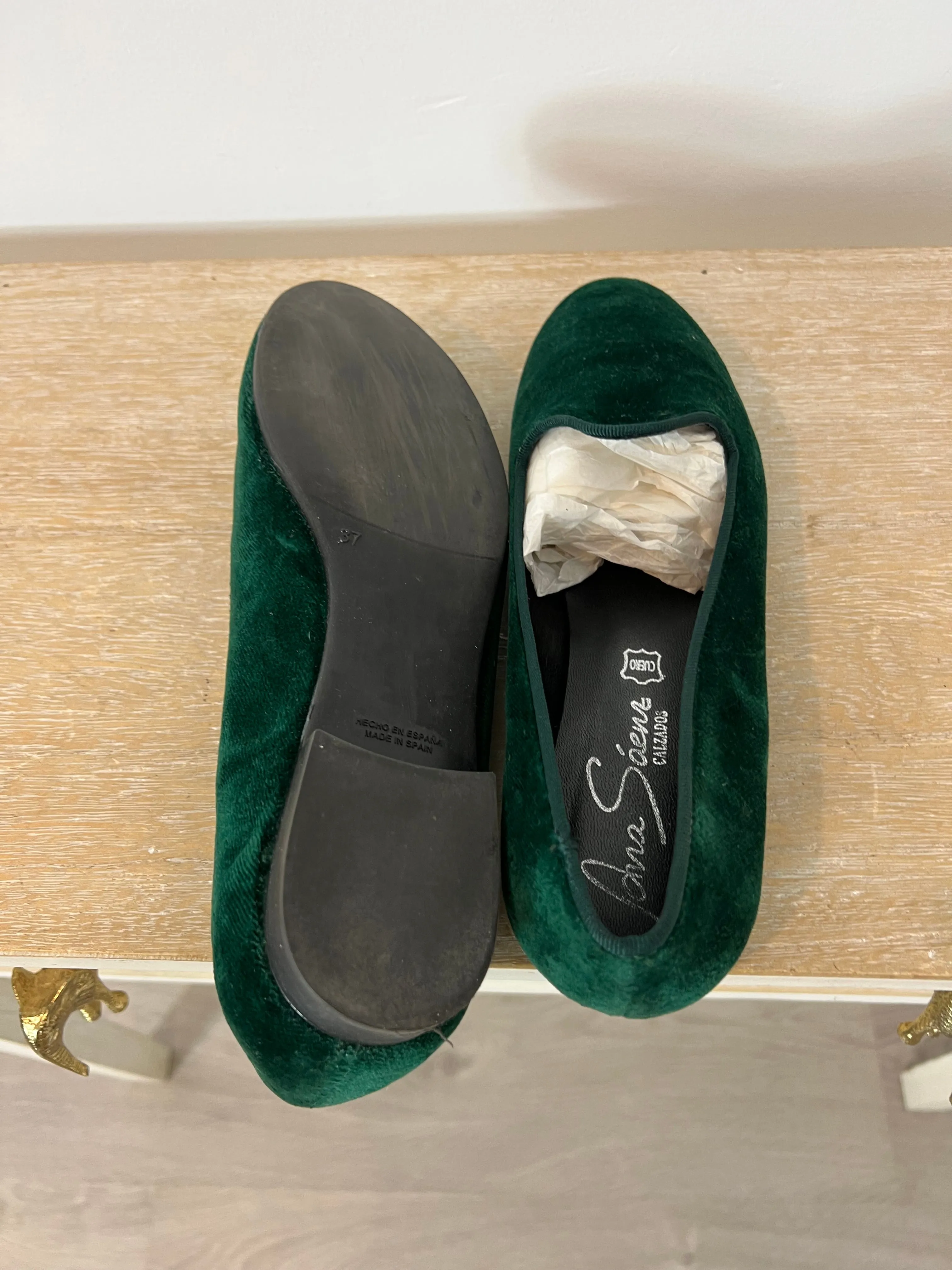 ANA SAENZ. Slipers terciopelo verde T.37