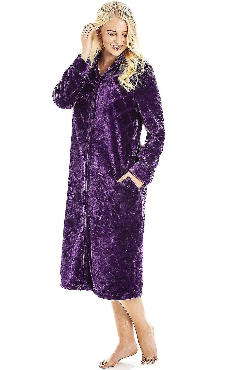BATA CAMILLE PARA MUJER EN FELPA MORADA CON CREMALLERA Y BOLSILLOS EN LA ENTREPIERNA  14/16