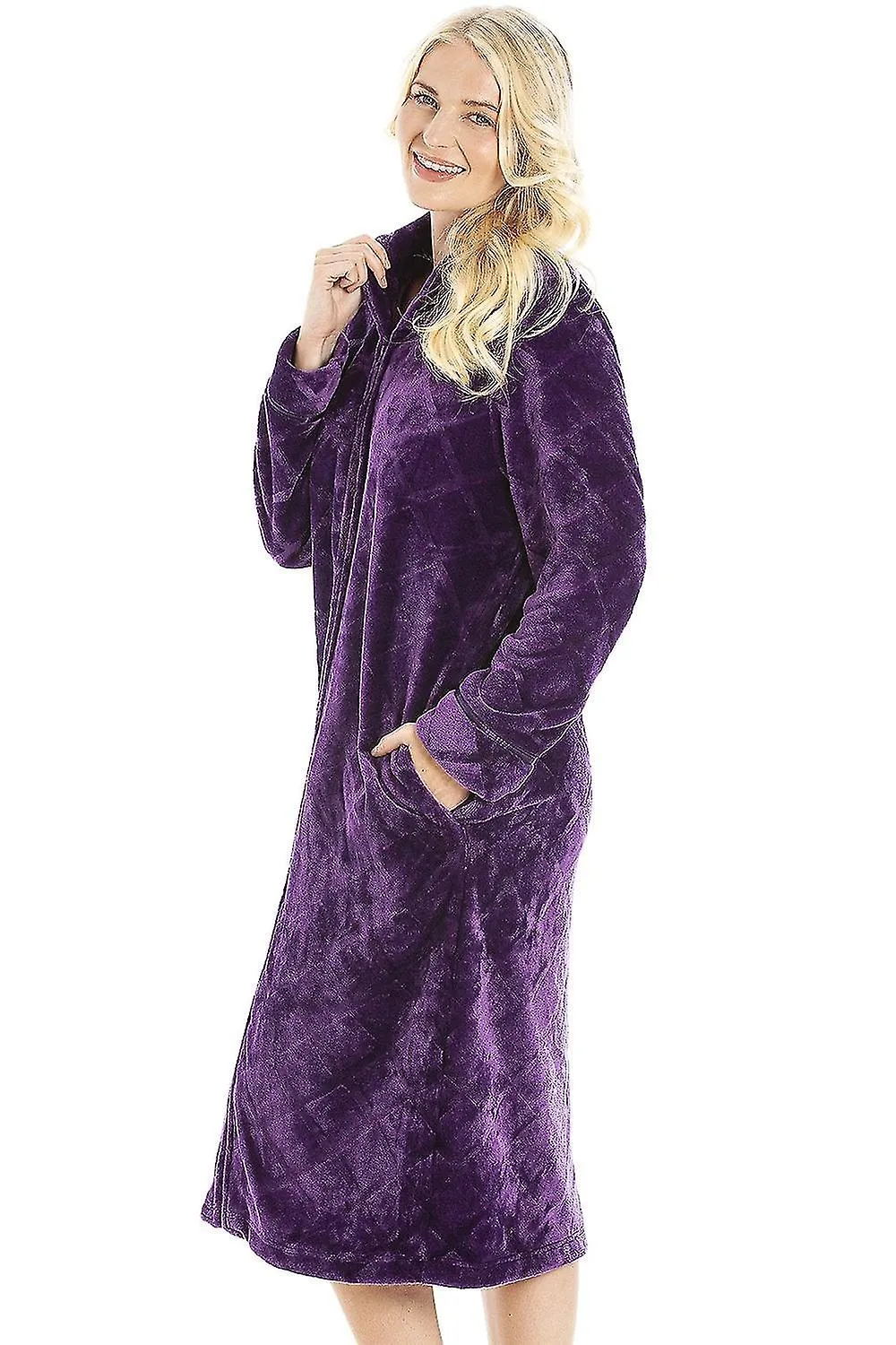 BATA CAMILLE PARA MUJER EN FELPA MORADA CON CREMALLERA Y BOLSILLOS EN LA ENTREPIERNA  14/16