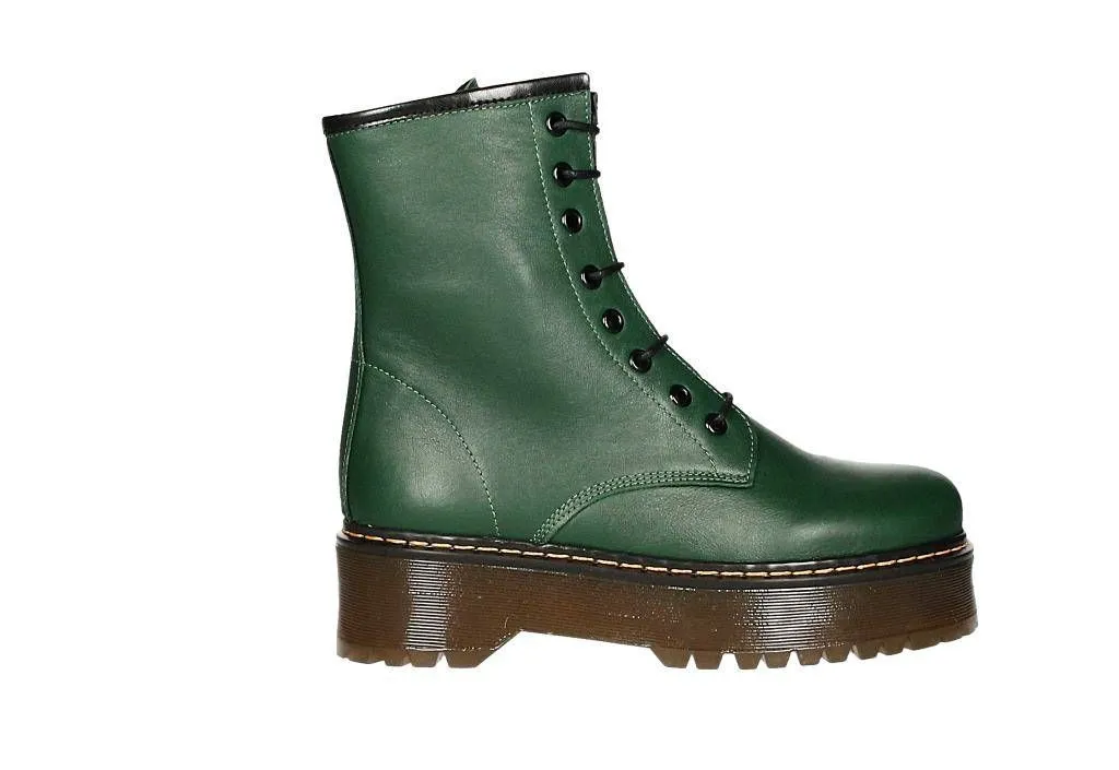 Bota Cordon Piel Verde Pespuntes Amarillo Piso Doble