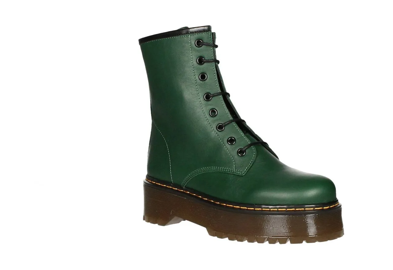 Bota Cordon Piel Verde Pespuntes Amarillo Piso Doble