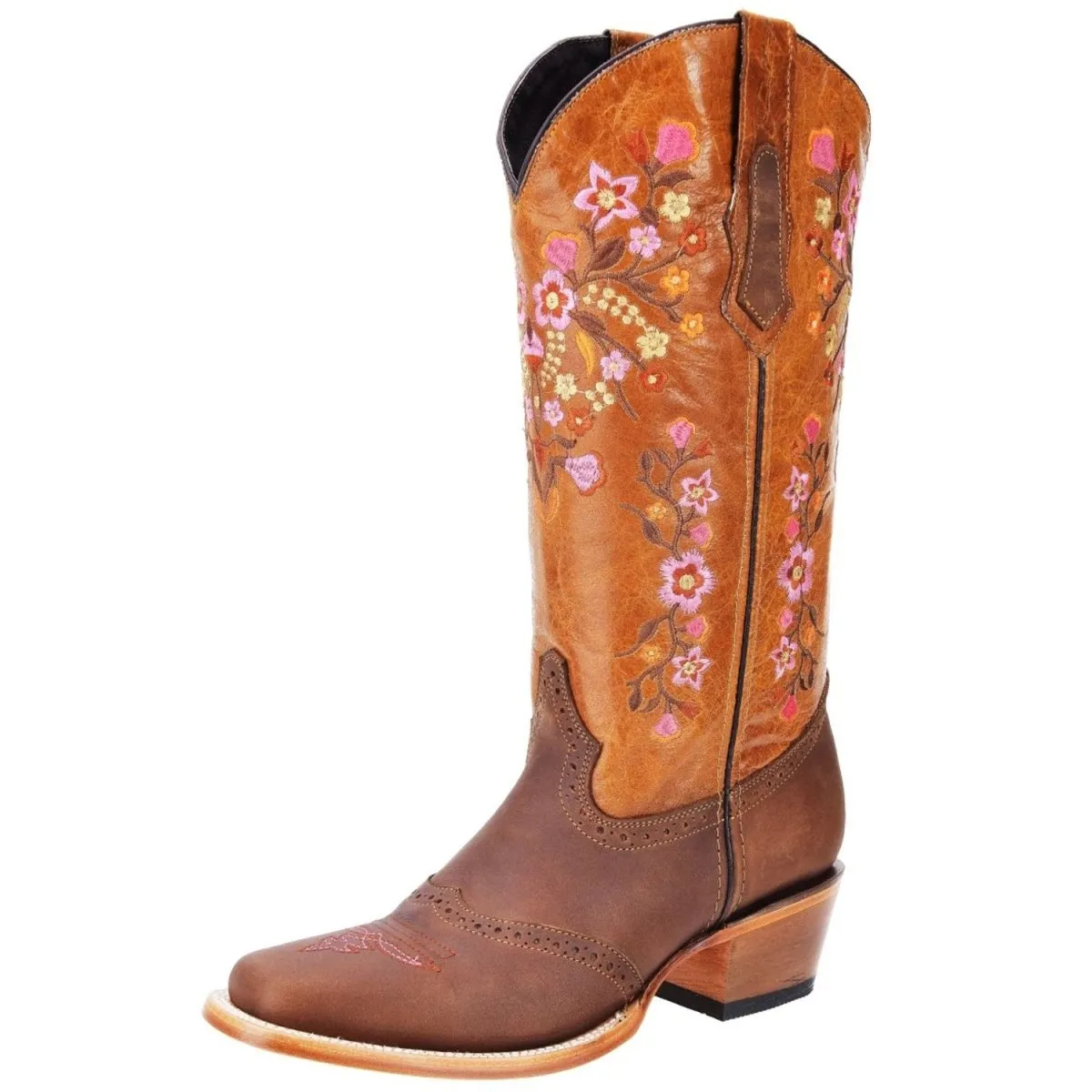 BOTAS ALTAS DE CUERO PARA MUJER HORMA RODEO COLOR MIEL FLORES ROSAS WD480