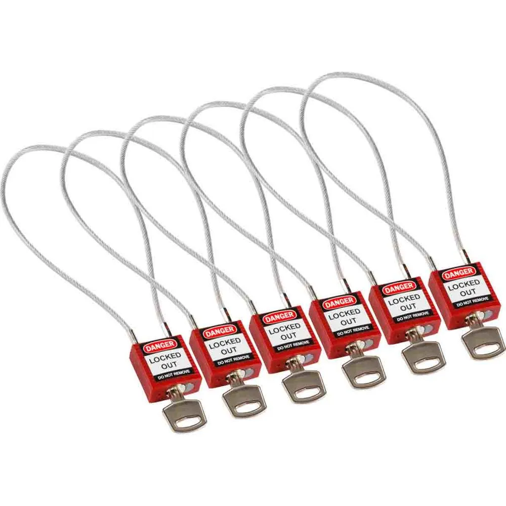 Candados, cuerpo de nailon, aro de cable, 6 unidades, rojo, no conductor