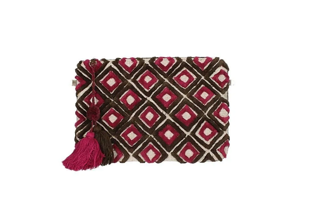 Cartera Marron/fuxia Cuadrados Terciopelo