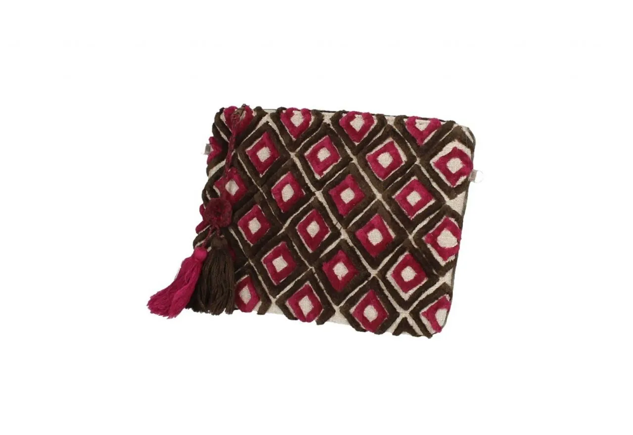Cartera Marron/fuxia Cuadrados Terciopelo