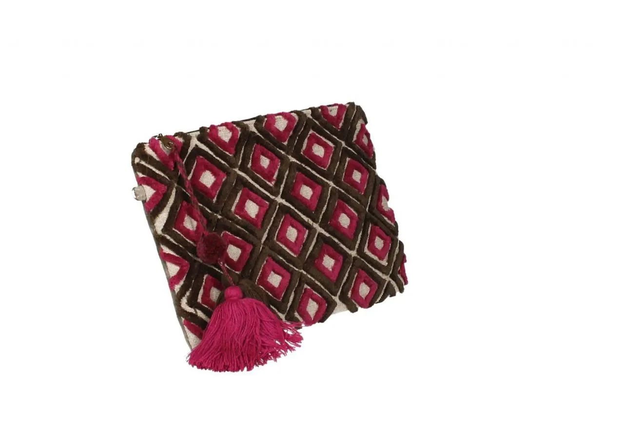 Cartera Marron/fuxia Cuadrados Terciopelo