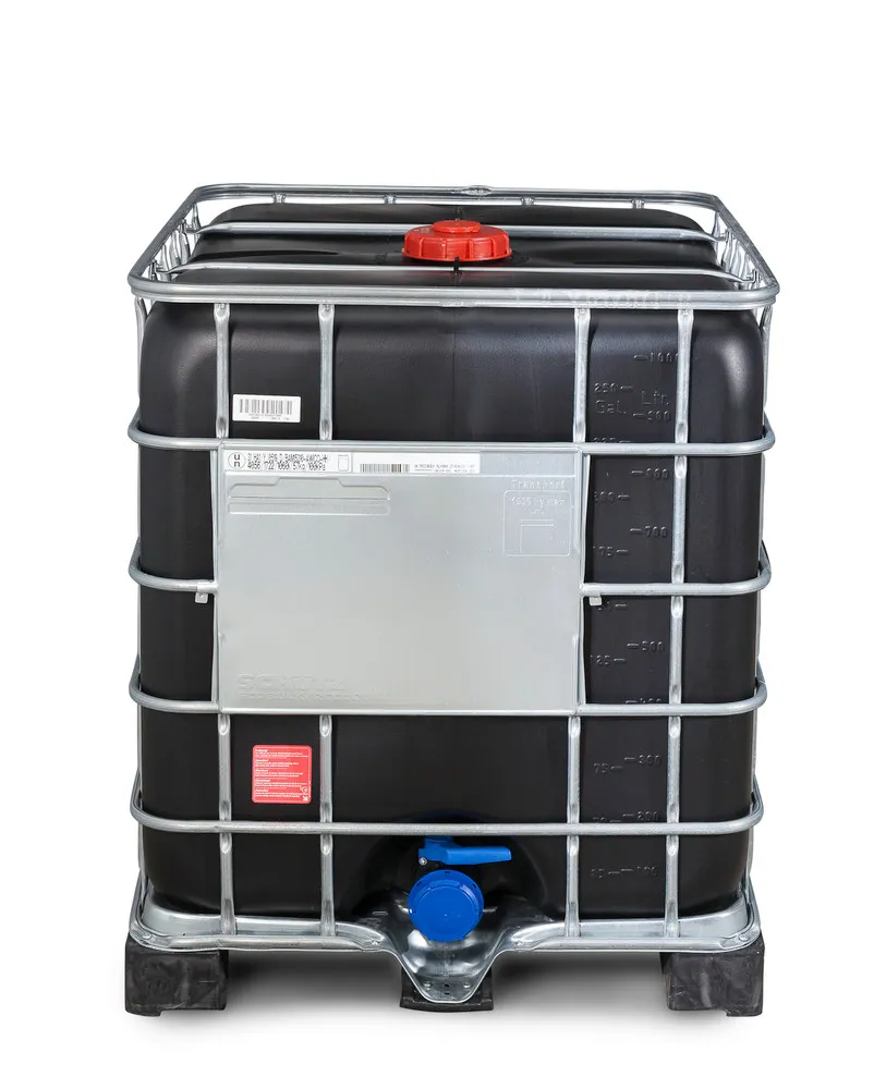 Contenedor GRG de 1000 L para APQ con protección UV, palet de PE, bocas NW150 / NW80: Recobulk IBC