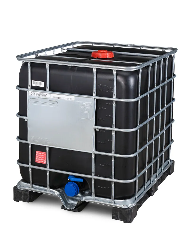 Contenedor GRG de 1000 L para APQ con protección UV, palet de PE, bocas NW150 / NW80: Recobulk IBC