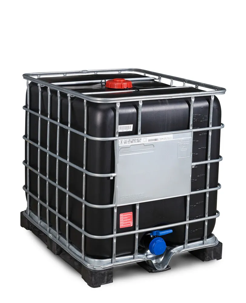 Contenedor GRG de 1000 L para APQ con protección UV, palet de PE, bocas NW150 / NW80: Recobulk IBC