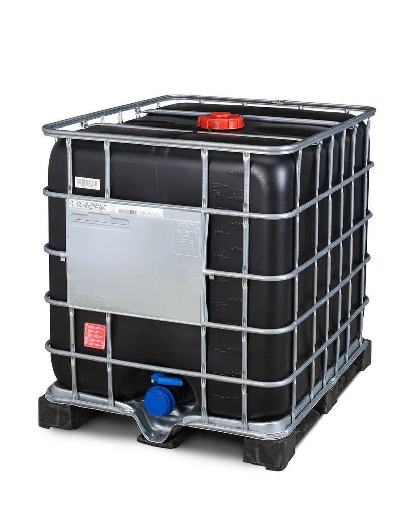 Contenedor GRG de 1000 L para APQ con protección UV, palet de PE, bocas NW150 / NW80: Recobulk IBC