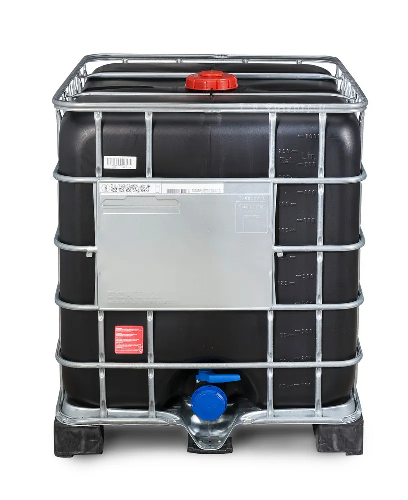 Contenedor GRG de 1000 L para APQ con protección UV, palet de PE, bocas NW150 / NW80: Recobulk IBC