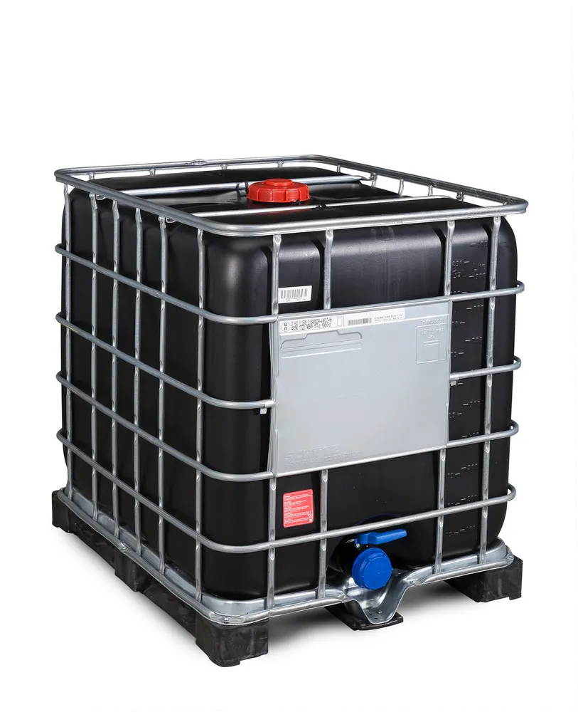 Contenedor GRG de 1000 L para APQ con protección UV, palet de PE, bocas NW150 / NW80: Recobulk IBC