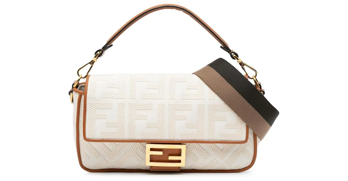 Fendi Baguette de lona bordada blanca mediana Blanco 