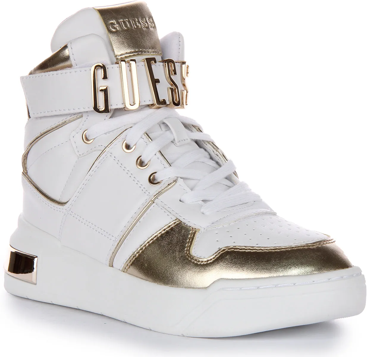 Guess Corten Zapatillas con cordones de piel sintética para mujer en blanco dorado