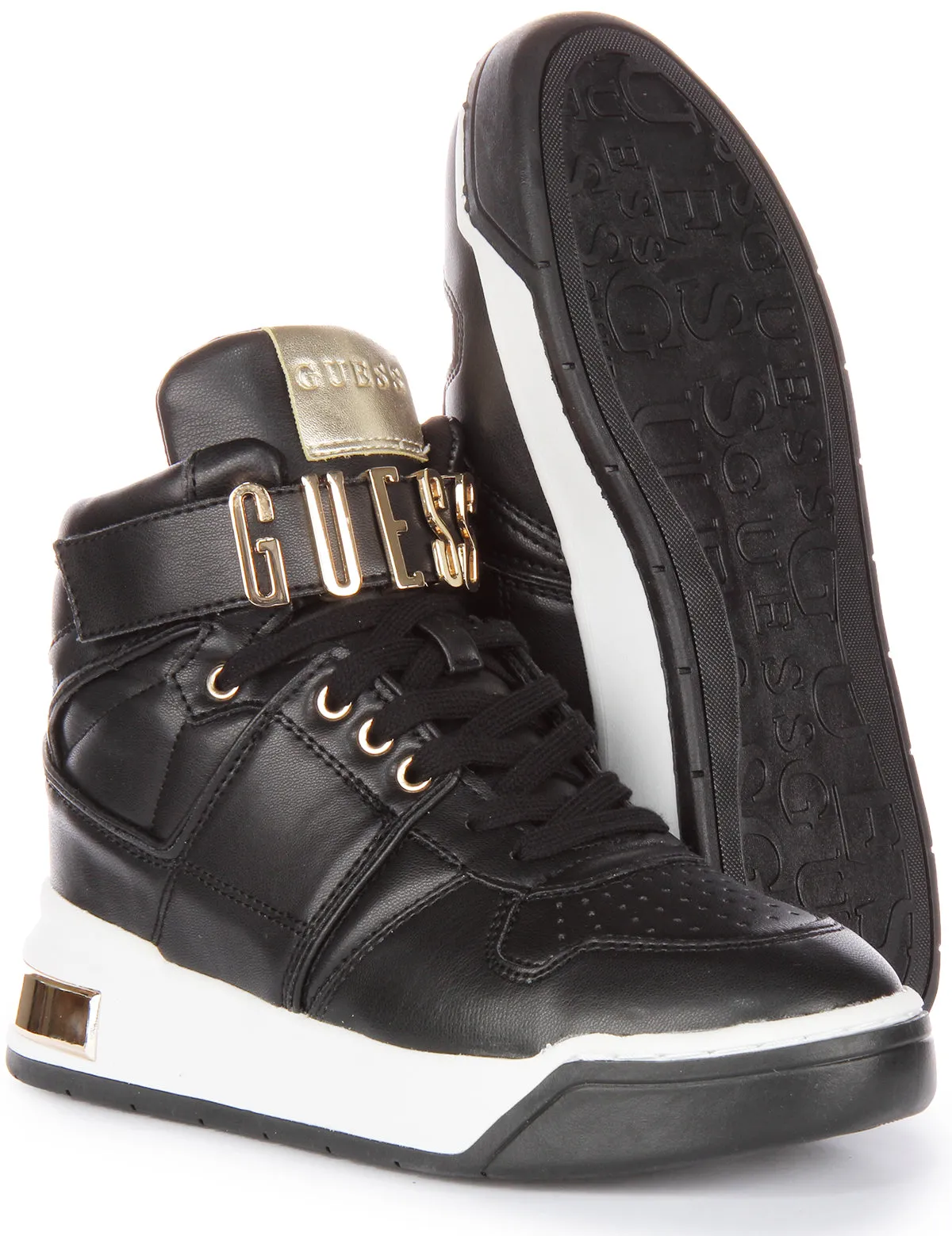 Guess Corten Zapatillas con cordones de piel sintética para mujer en blanco dorado