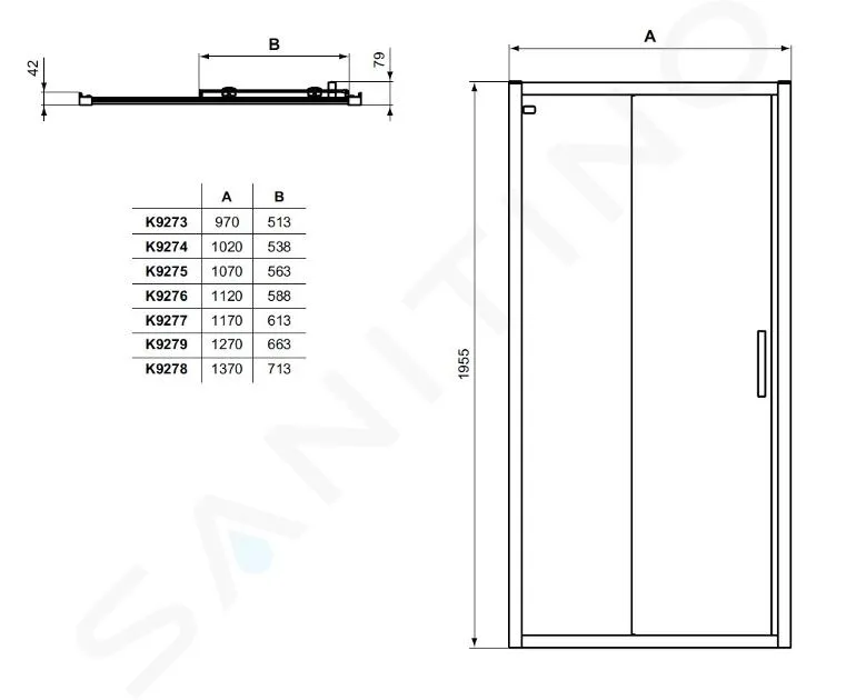 IDEAL STANDARD CONNECT 2  PUERTA DE DUCHA CORREDERA, DOS PARTES, 105 CM, NEGRO/CRISTAL TRANSPARENTE K9274V3