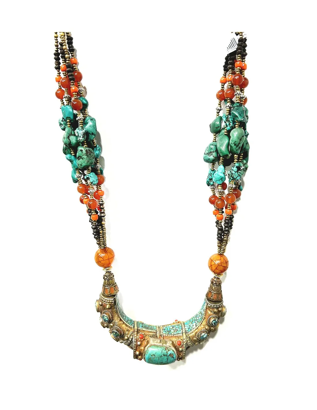 JOYA DE PLATA TIBETANA ANTIGUA Y EXCLUSIVA PIEDRA TURQUESA Y CORAL