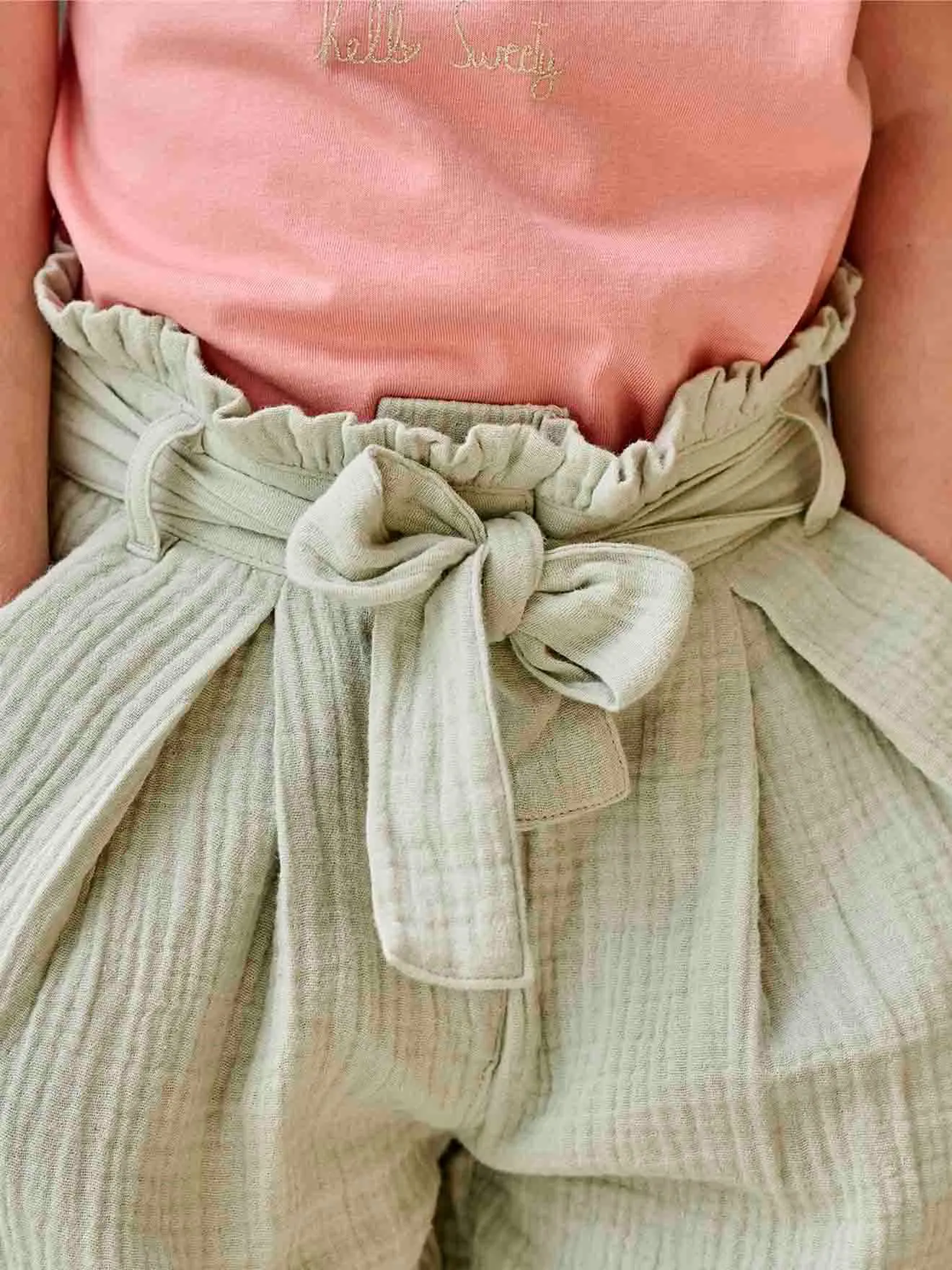 Pantalón pesquero ancho de gasa de algodón estilo «paperbag» para niña