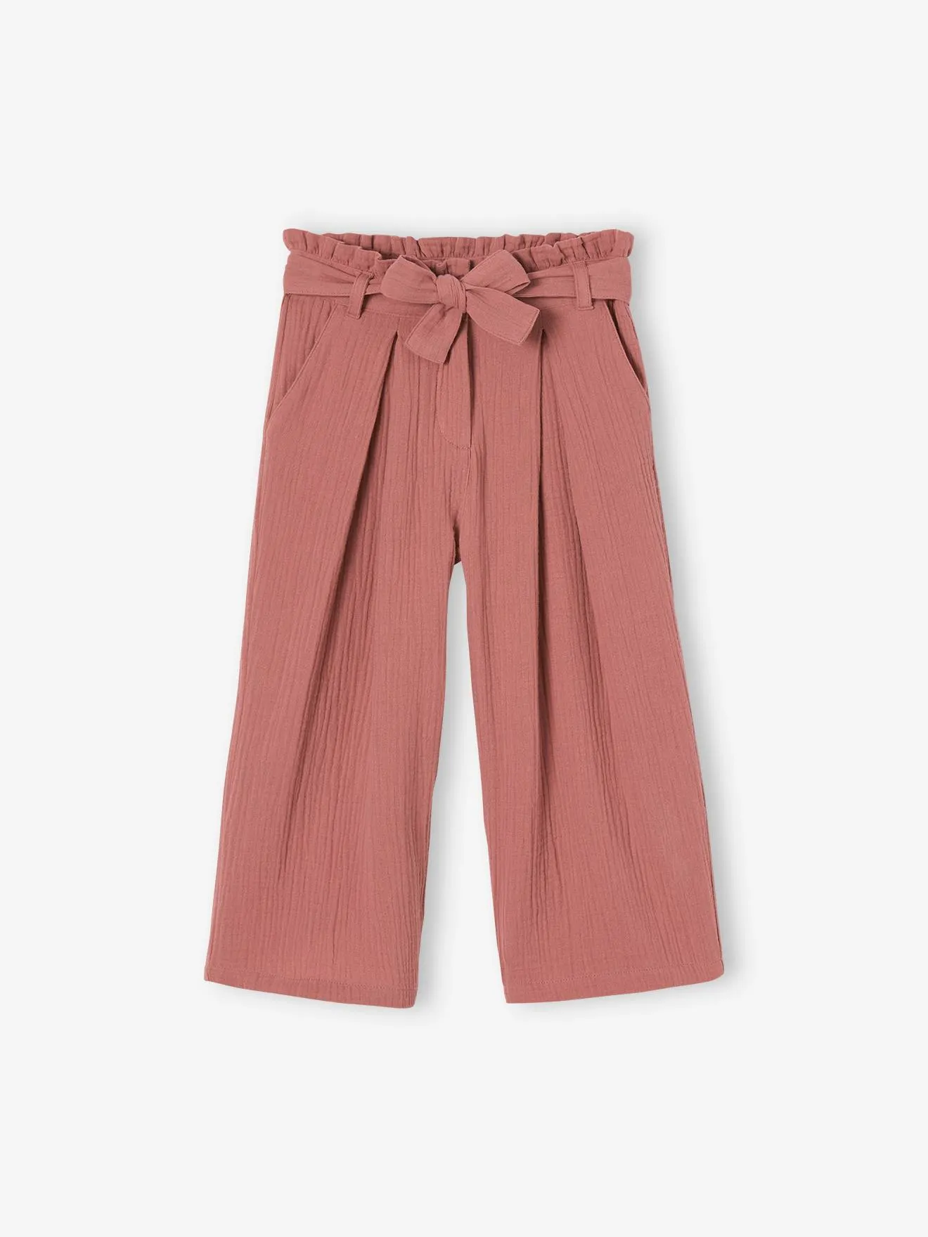 Pantalón pesquero ancho de gasa de algodón estilo «paperbag» para niña