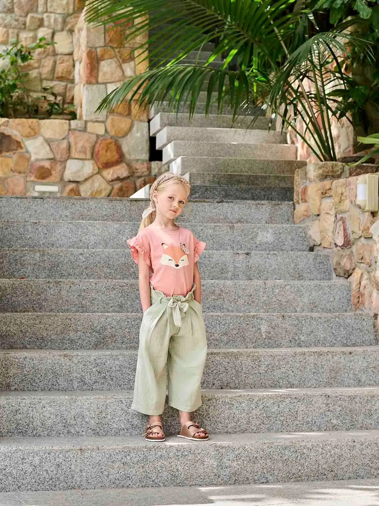 Pantalón pesquero ancho de gasa de algodón estilo «paperbag» para niña