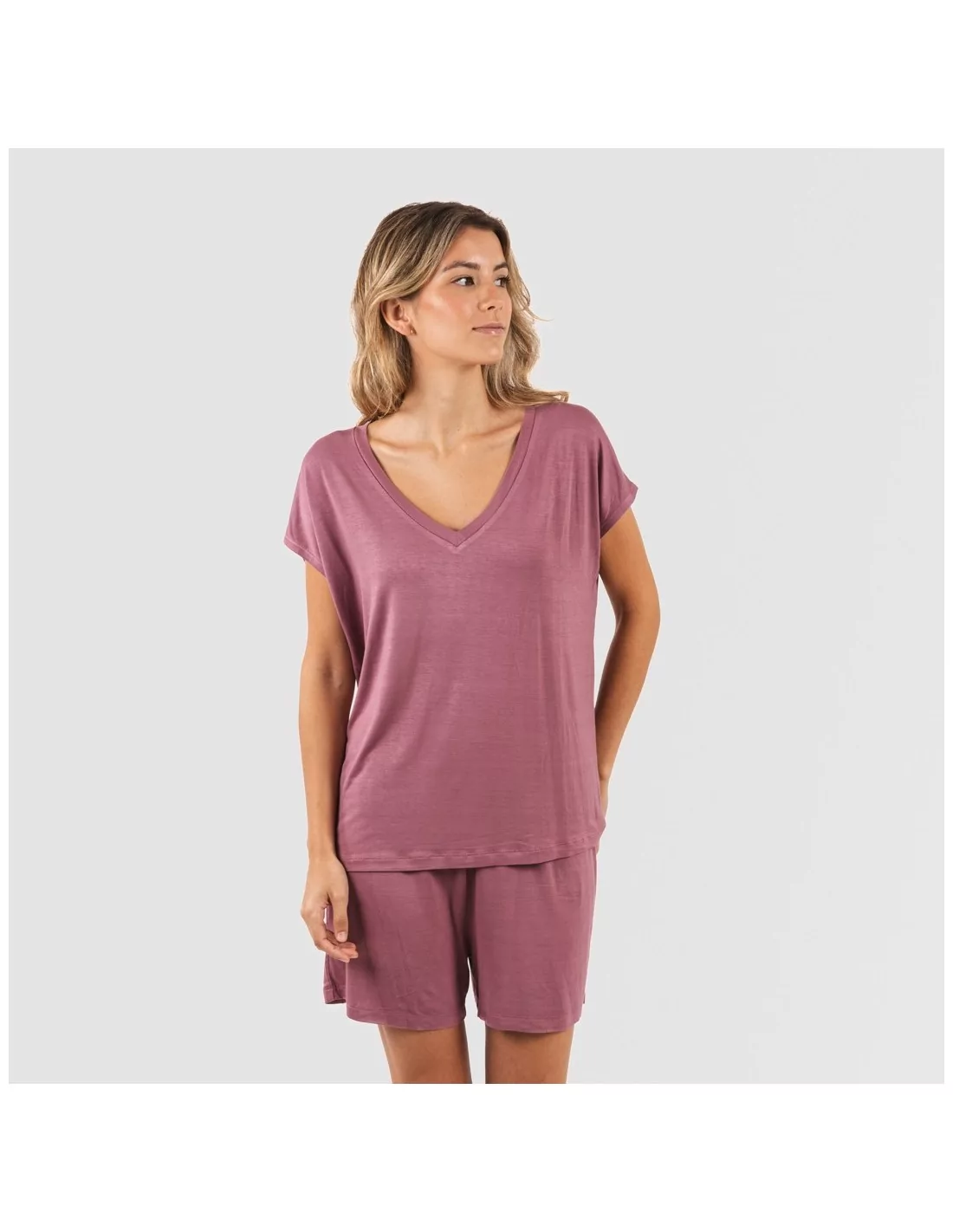 Pijama corto manga fluida viscosa mujer liso