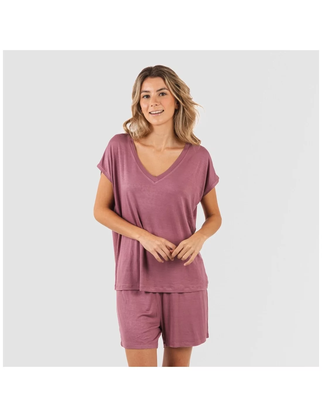Pijama corto manga fluida viscosa mujer liso