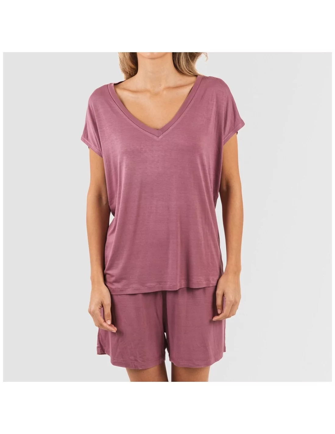 Pijama corto manga fluida viscosa mujer liso