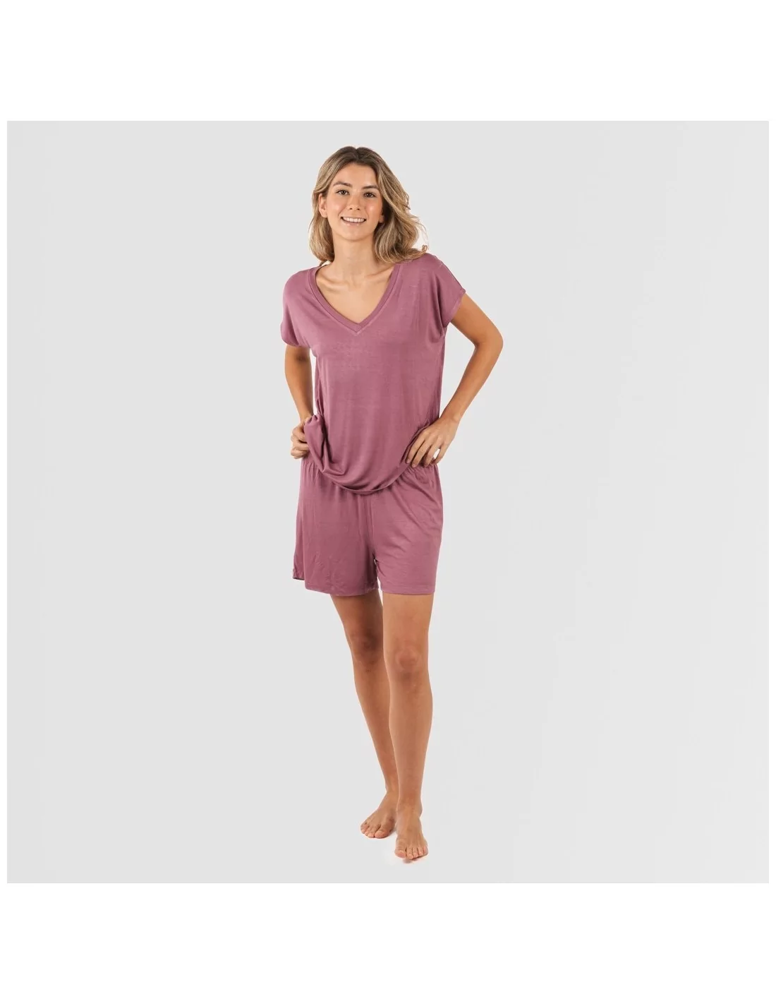 Pijama corto manga fluida viscosa mujer liso
