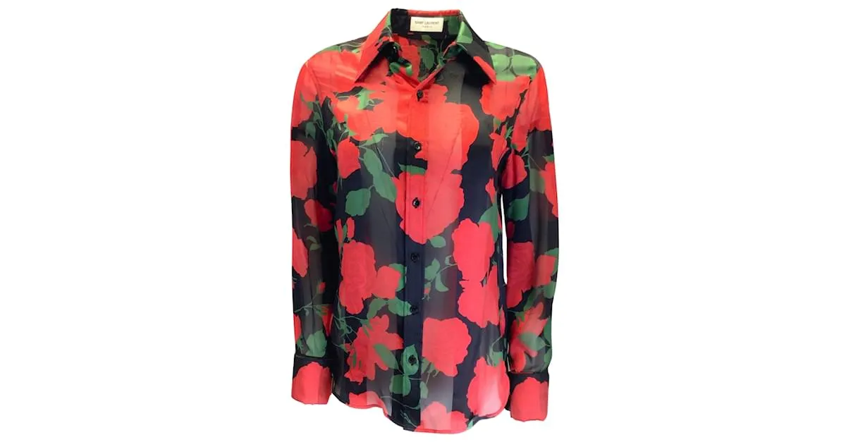 Saint Laurent negro / rojo / verde 2022 Camisa de seda con botones y estampado de rosas florales Multicolor 