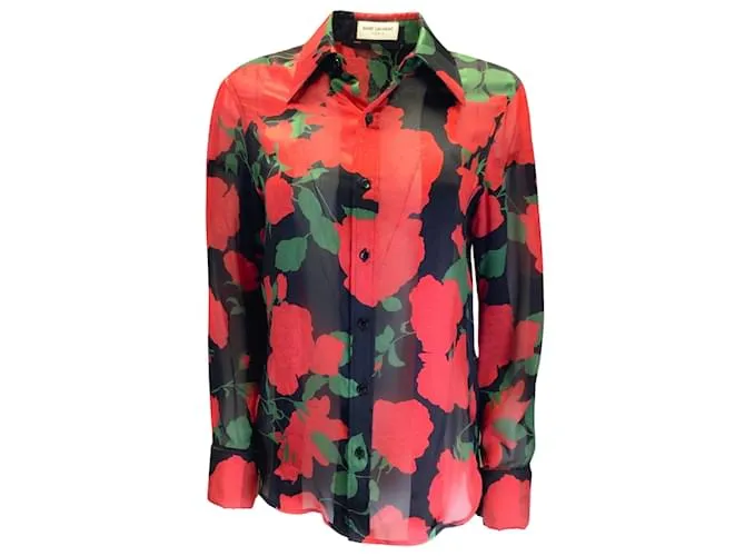 Saint Laurent negro / rojo / verde 2022 Camisa de seda con botones y estampado de rosas florales Multicolor 