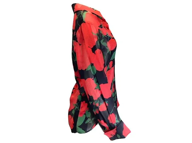 Saint Laurent negro / rojo / verde 2022 Camisa de seda con botones y estampado de rosas florales Multicolor 