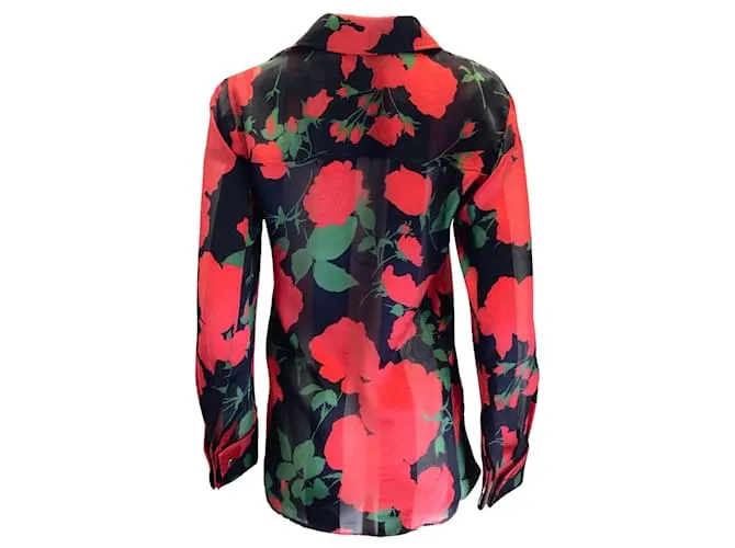 Saint Laurent negro / rojo / verde 2022 Camisa de seda con botones y estampado de rosas florales Multicolor 