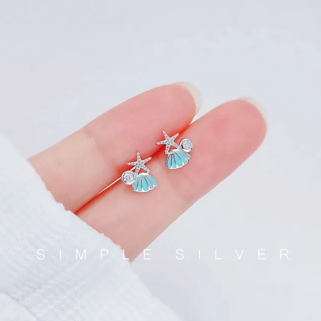  Sweet Blue Shell Starfish Crystal Ocean Jewelry For Her Beach Hypoallergenic Women's Earring Studs 