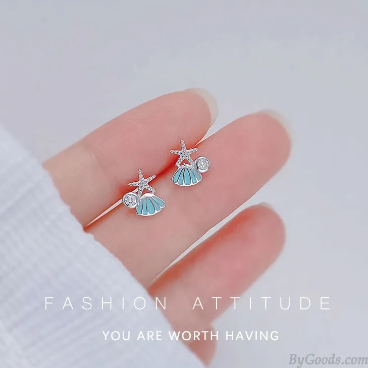  Sweet Blue Shell Starfish Crystal Ocean Jewelry For Her Beach Hypoallergenic Women's Earring Studs 