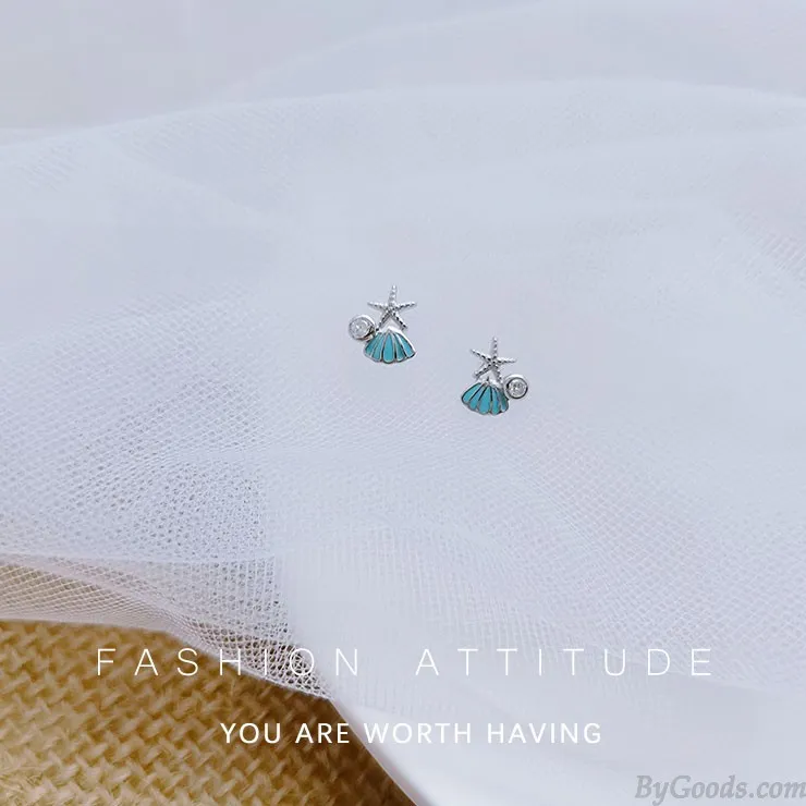  Sweet Blue Shell Starfish Crystal Ocean Jewelry For Her Beach Hypoallergenic Women's Earring Studs 