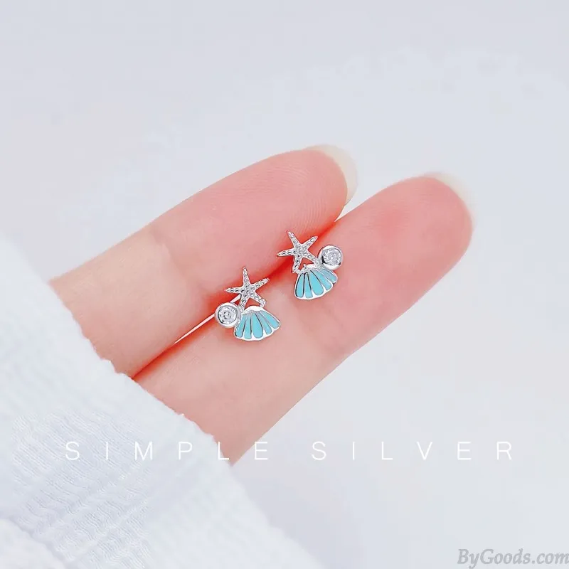  Sweet Blue Shell Starfish Crystal Ocean Jewelry For Her Beach Hypoallergenic Women's Earring Studs 