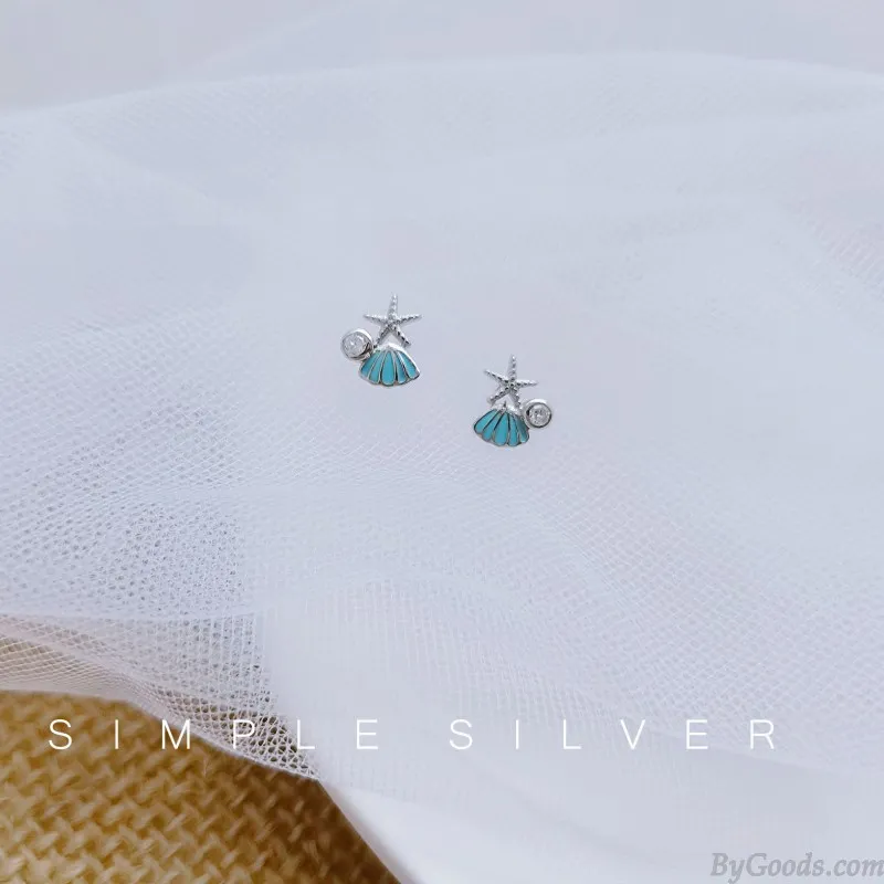  Sweet Blue Shell Starfish Crystal Ocean Jewelry For Her Beach Hypoallergenic Women's Earring Studs 