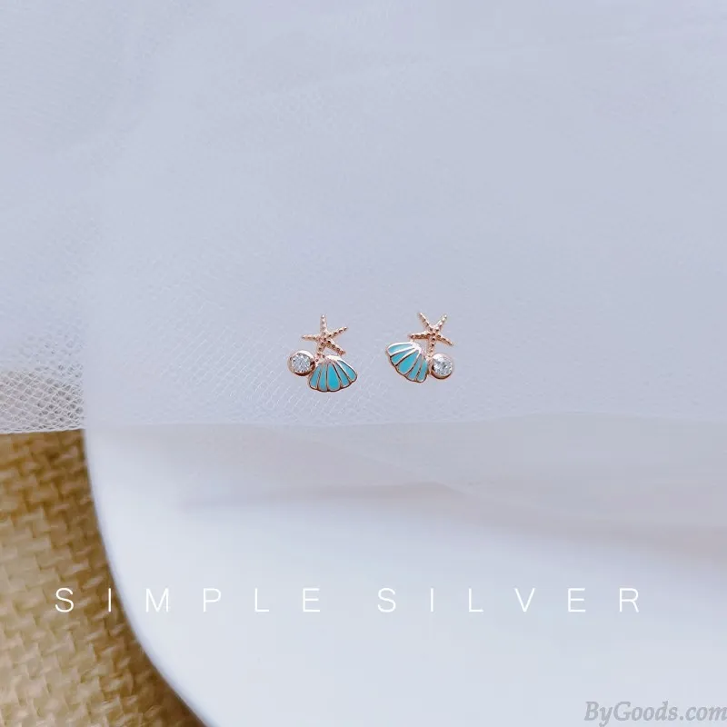  Sweet Blue Shell Starfish Crystal Ocean Jewelry For Her Beach Hypoallergenic Women's Earring Studs 
