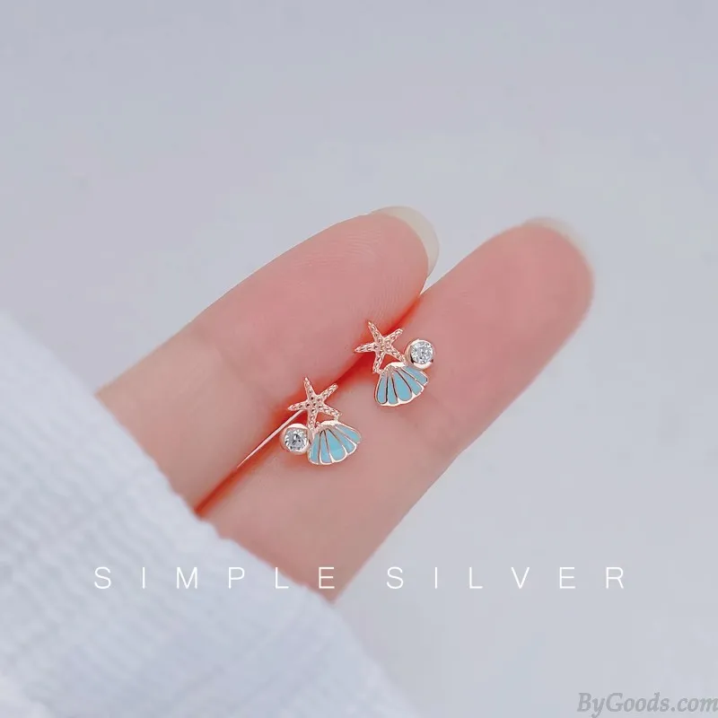  Sweet Blue Shell Starfish Crystal Ocean Jewelry For Her Beach Hypoallergenic Women's Earring Studs 