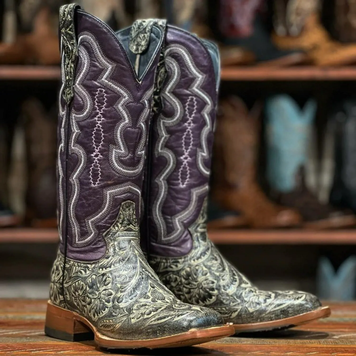 Tanner Mark Women's Hand Tooled Square Toe Leather Boots Charcoal
