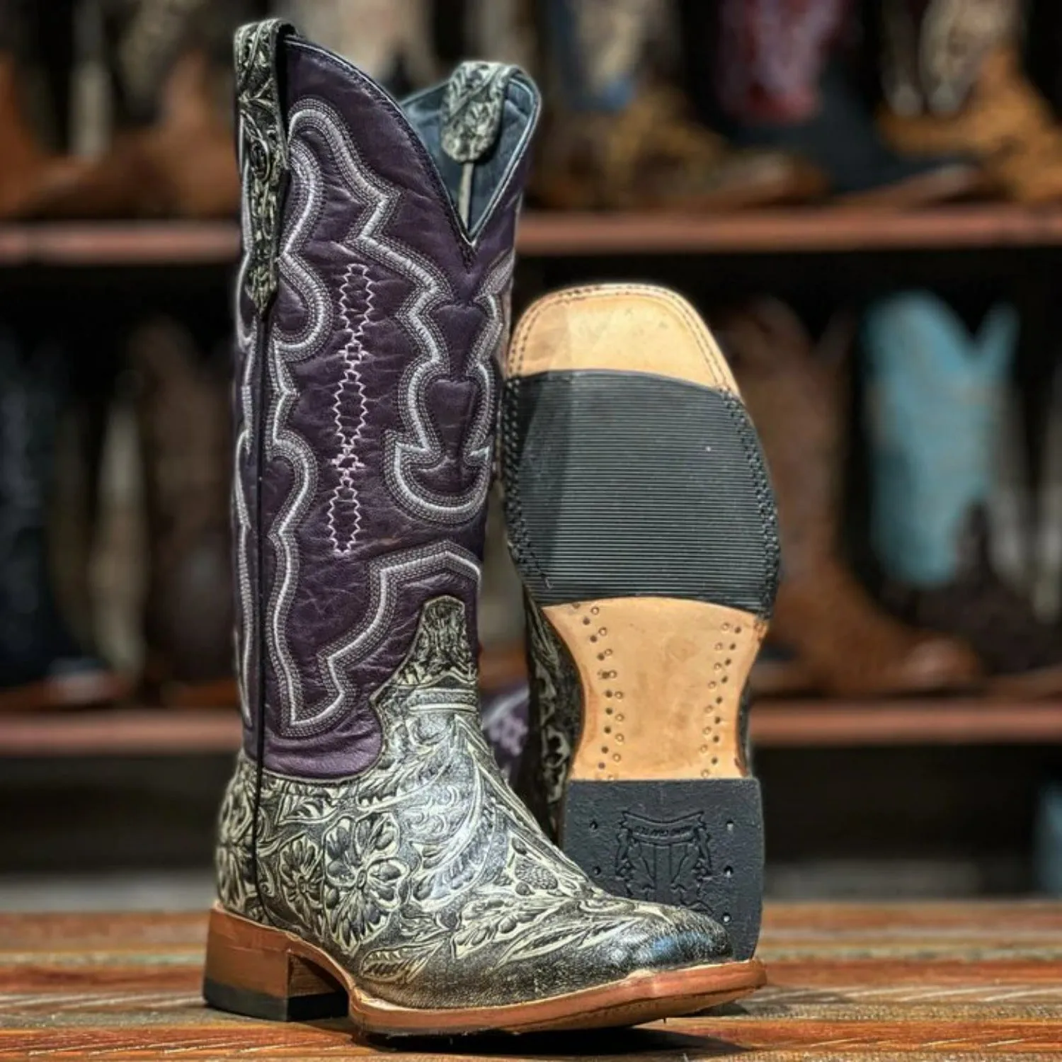 Tanner Mark Women's Hand Tooled Square Toe Leather Boots Charcoal
