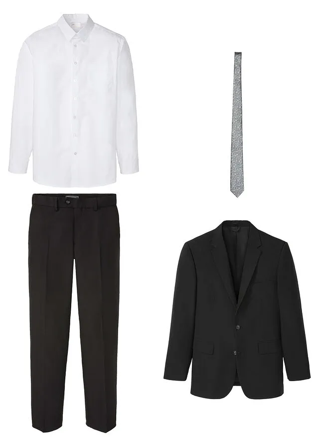 TRAJE (4 PIEZAS): AMERICANA, PANTALóN, CAMISA, CORBATA NEGROBLANCOPLATA