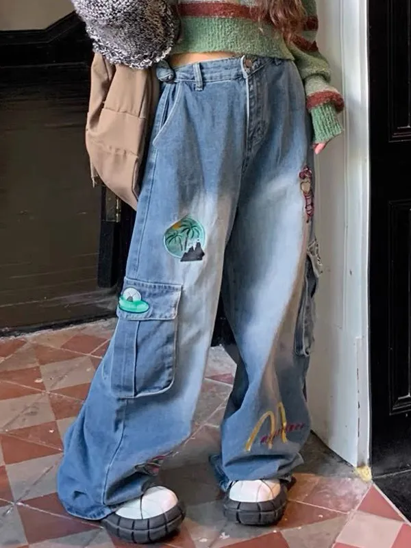 Vaqueros boyfriend con bolsillo grande y bordado de dibujos animados vintage