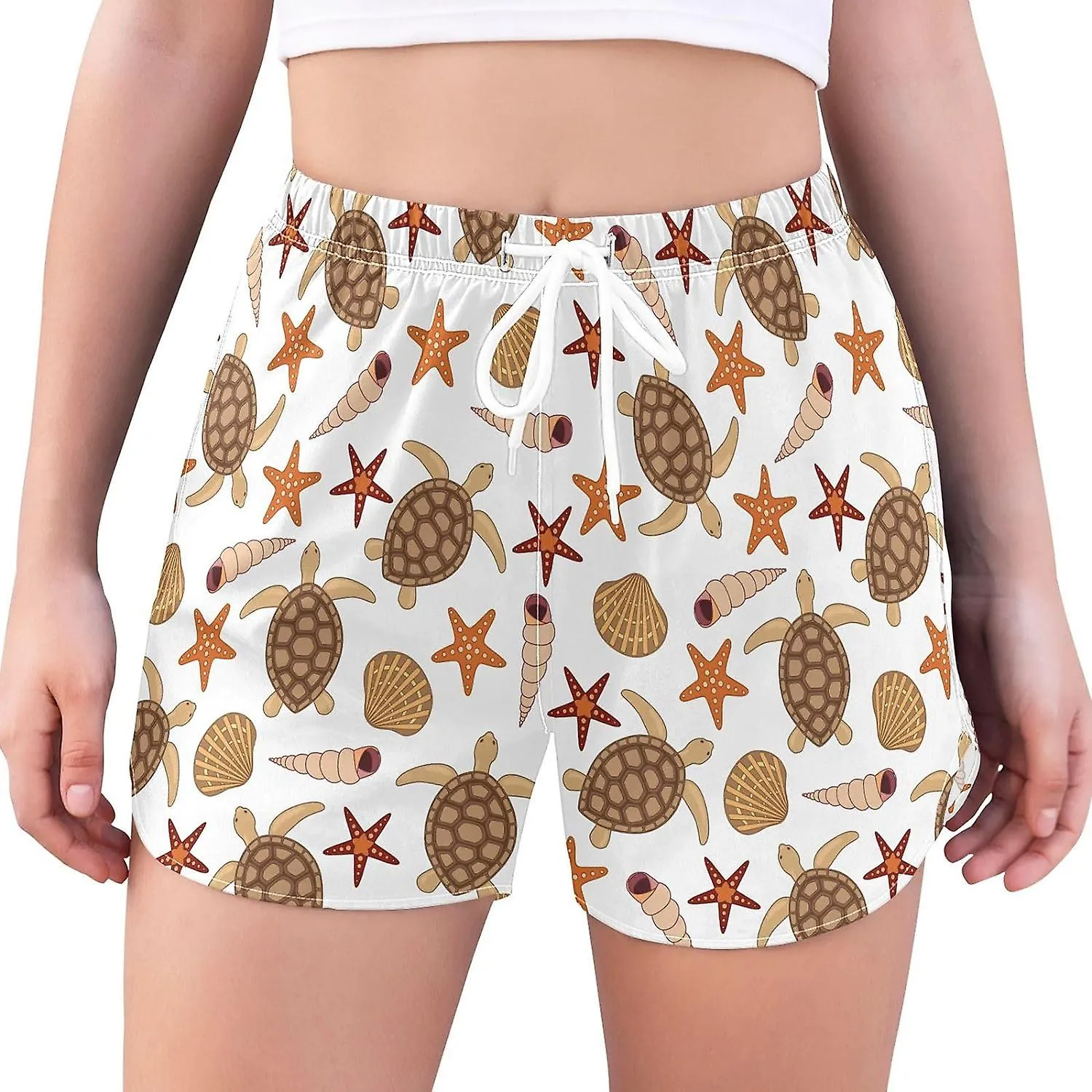 WOMEN'S ATHLETIC SHORTS TURTLES AND SEASTARS SHELLS OCEAN WORKOUT RUNNING GYM QUICK DRY LINER SHORTS WITH POCKETSGGB123