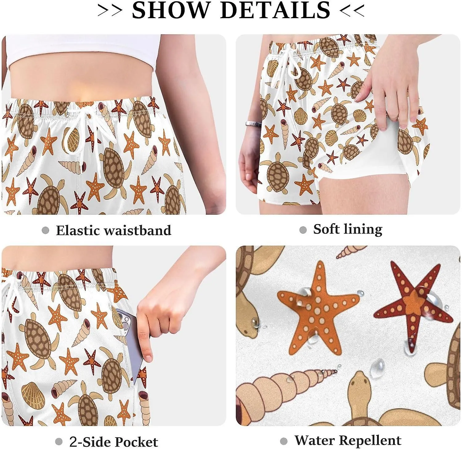 WOMEN'S ATHLETIC SHORTS TURTLES AND SEASTARS SHELLS OCEAN WORKOUT RUNNING GYM QUICK DRY LINER SHORTS WITH POCKETSGGB123